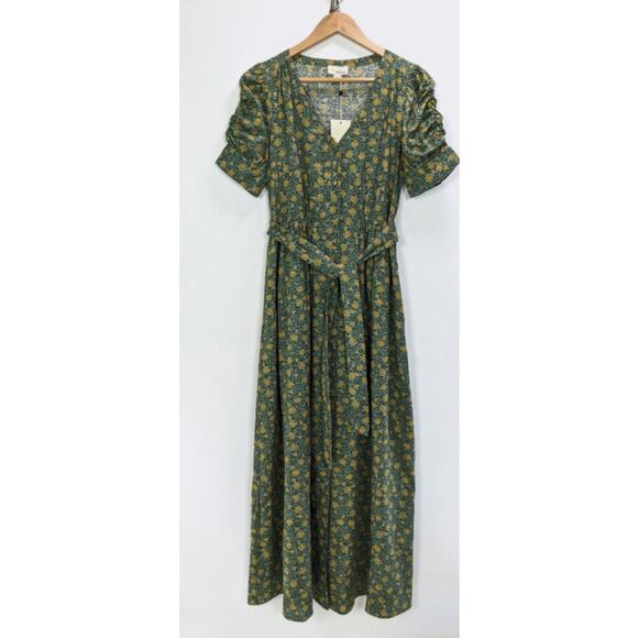 Anthropologie The Korner Floral V-Neck Front Button Waist Tie Midi Dress Small - Picture 1 of 7